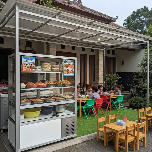 Desain Warung Jajan Anak Depan Rumah dengan Etalase Aluminium