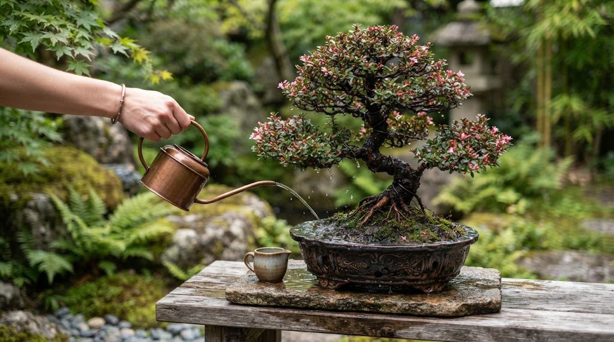 Menyiram tanaman Red Panama Bonsai