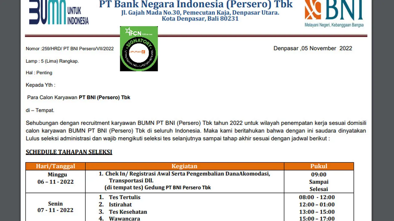 Tangkapan layar penelusuran informasi surat pemanggilan seleksi karyawan BNI