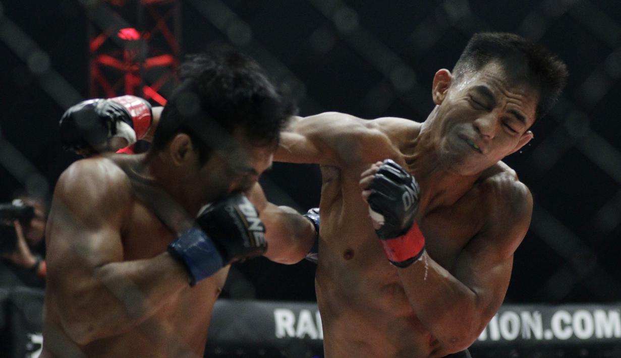 Petarung Indonesia, Stefer Rahardian, memukul petarung Filipina, Robin Catalan, saat bertarung pada laga ONE Championship di Istora Senayan, Jakarta, Sabtu (19/1). Stefer Rahardian kalah dari Robin Catalan. (Bola.com/M. Iqbal Ichsan)