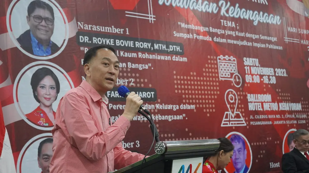 Caleg PDI Perjuangan, Sony Kusumo, dalam acara seminar wawasan kebangsaan yang digelar oleh PGLII dan Yayasan Harmony Monistries, Sabtu (11/11/2023) (Istimewa)