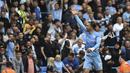 Gelandang Manchester City, Jack Grealish berselebrasi usai mencetak gol ke gawang Norwich City pada pertandingan pekan kedua Liga Inggris di stadion Etihad di Manchester, Inggris, Sabtu (21/8/2021). Jack Grealish mencetak gol debut untuk Manchester City ke gawang Norwich City. (AP Photo/Rui Vieira)