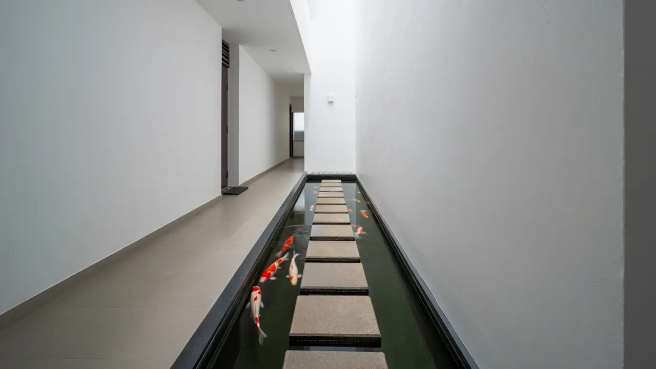 Desain Rumah Kecil dengan Kolam Koi Indoor (Foto: Reve Art AI)
