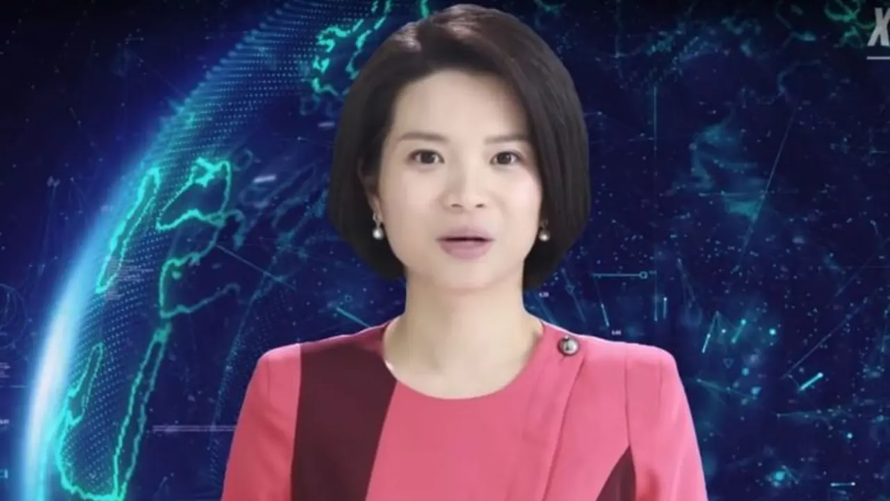 Xin Xiaomeng, robot pembaca berita pertama di dunia, tampil dalam salah satu program televisi Xinhua (Liputan6.com/Xinhua)