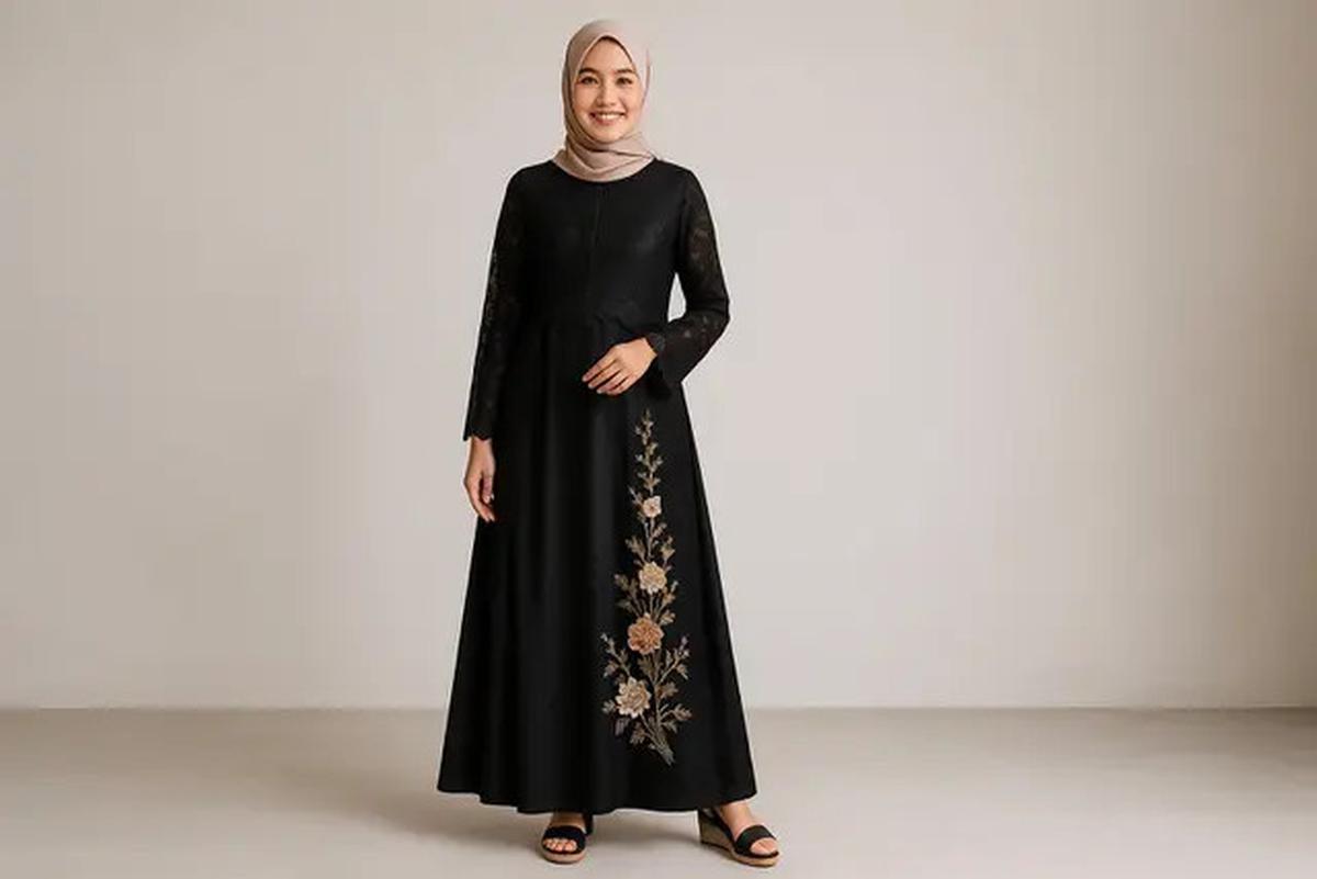 9 Model Gamis Hitam Kombinasi Bordir, Tampil Stylish dan Elegan Tanpa Kaku