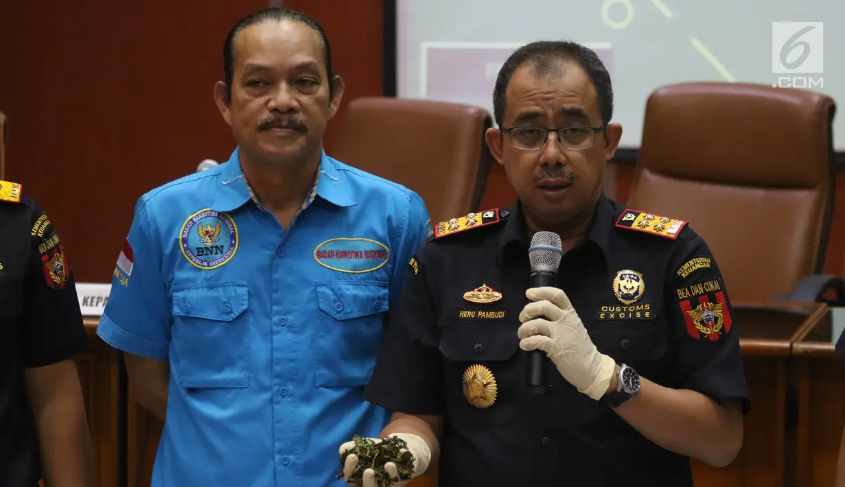 Dirjen Bea Cukai Heru Pambudi (kanan) dan Deputi Pemberantasan BNN Irjen Pol Arman Depari (kiri) menunjukkan barang bukti daun kath saat rilis di Kantor Pusat Bea Cukai, Jakarta, Senin (28/5). (Liputan6.com/Arya Manggala)