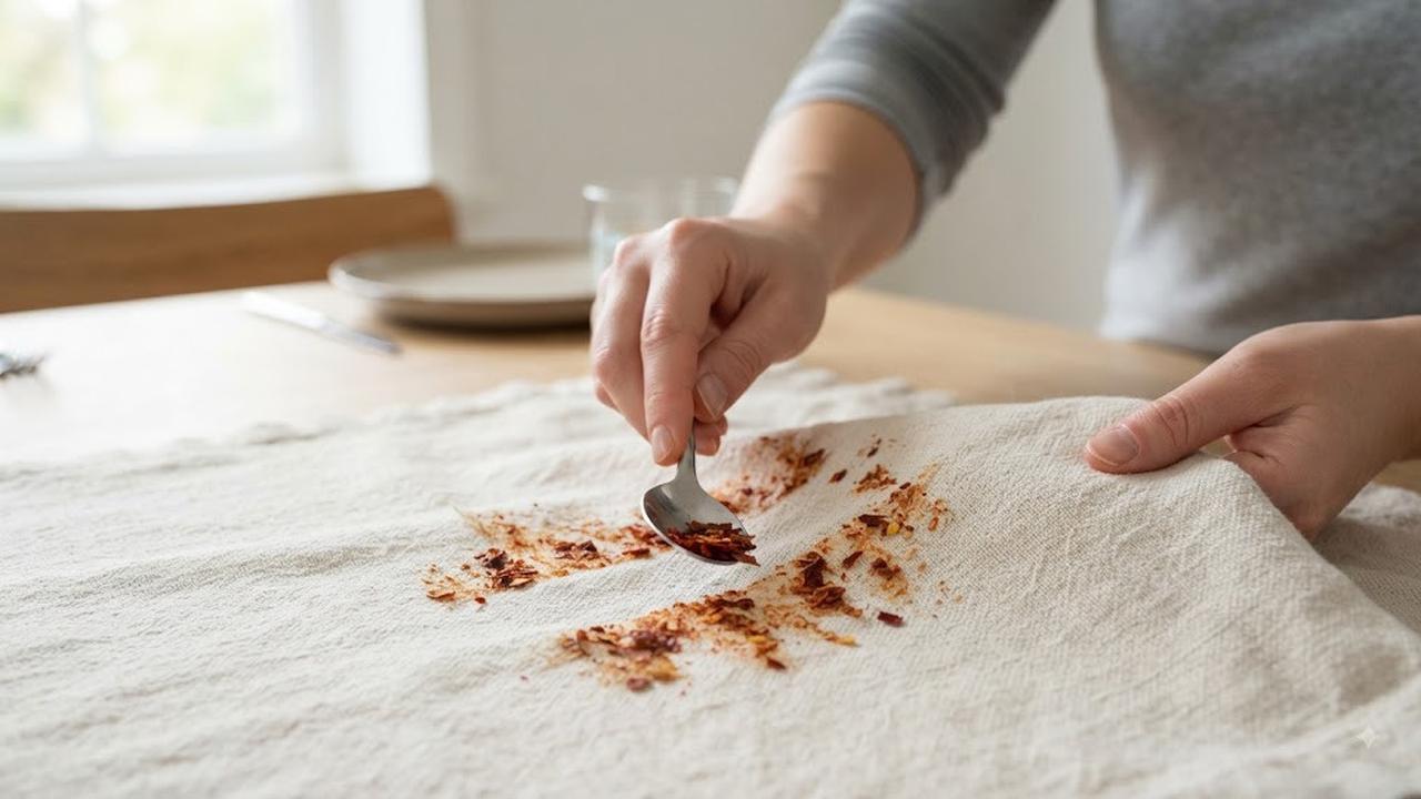 Noda Sambal yang Sudah Kering di Taplak Meja