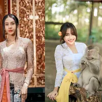 Anya terlihat anggun dalam balutan kebaya Bali berwarna cream. Kebaya tersebut ia padukan bersama obi berwarna pink salmon. Sementara untuk bawahan, Anya memilih kain songket berwarna hitam-emas.