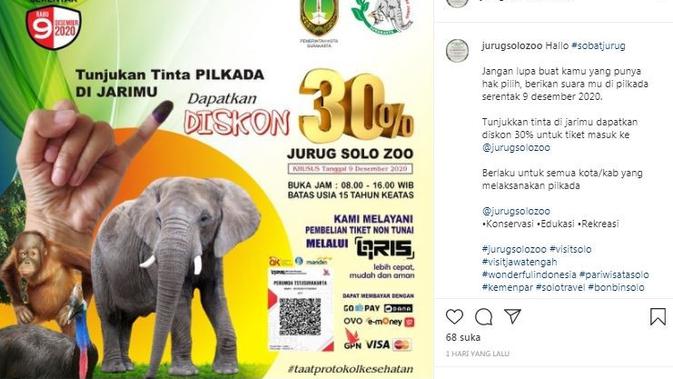 Jurug Solo Zoo memberikan diskon 30 persen kepada pengunjung yang menggunakan hak pilihnya pada Pilkada 2020 (dok.instagram/@jurugsolozoo/https://www.instagram.com/p/CIhbS9hhqmZ/Komarudin)