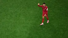 Pemain Portugal Cristiano Ronaldo bereaksi setelah Portugal kalah dalam laga babak 16 besar Piala Dunia 2026 antara Portugal vs Spanyol di Arlington, Texas, dekat Dallas, Senin, 6 Juli 2026. (AP Photo/Sam Hodde)