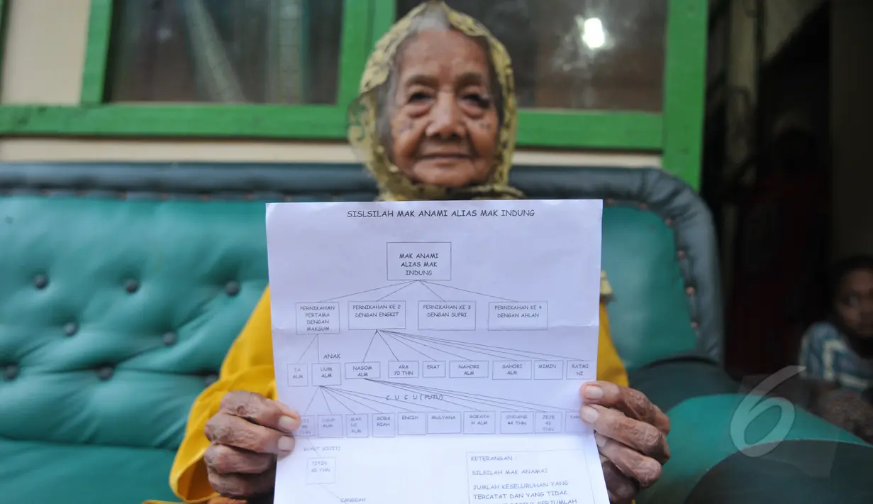 Anami, nenek yang diduga berusia 140 tahun saat menunjukan silsilah keluarganya di rumahnya di Purwakarta, Jabar, Minggu (17/5). Nenek Anami akan mengikuti sayembara manusia tertua di dunia, yang digelar miliarder Rusia. (Liputan6.com/Herman Zakharia)