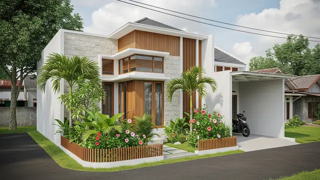 Contoh Desain Rumah 6x9 dengan Garasi Motor dan Taman Depan