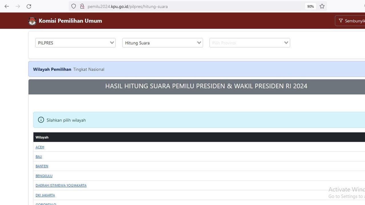 Tampilan situs Komisi Pemilihan Umum (KPU) yang memperlihatkan real count perhitungan suara Pemilu 2024