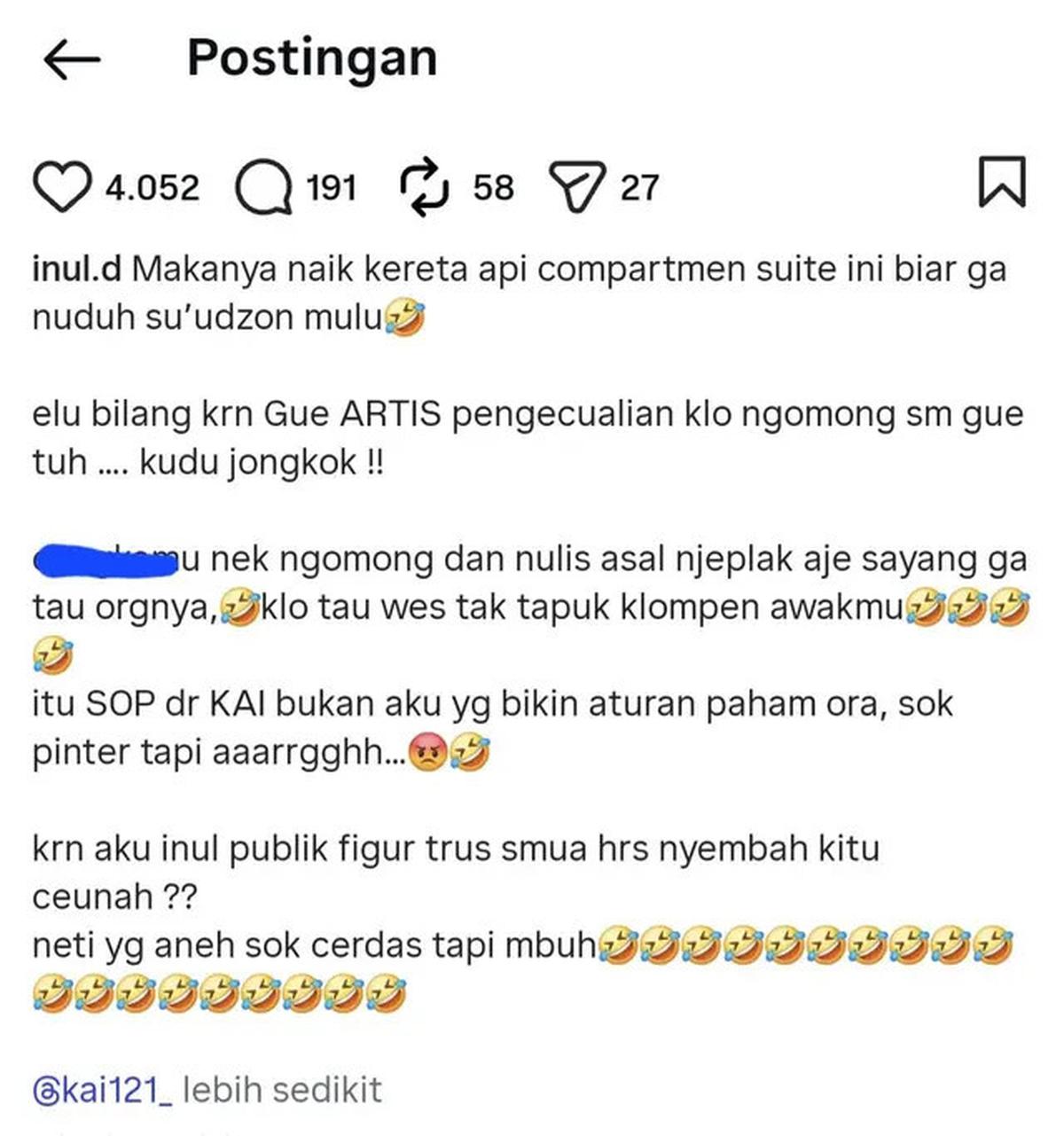 Inul Daratista Jengkel Dituding Gila Hormat, Gara-Gara Pramugara KAI Jongkok Saat Melayani