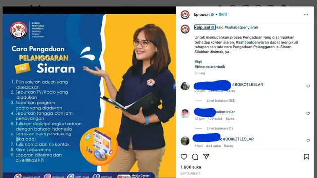 Unggahan KPI Pusat yang digeruduk netizen dengan tagar Boikot Leslar. (Foto: Dok. Instagram @kpipusat)