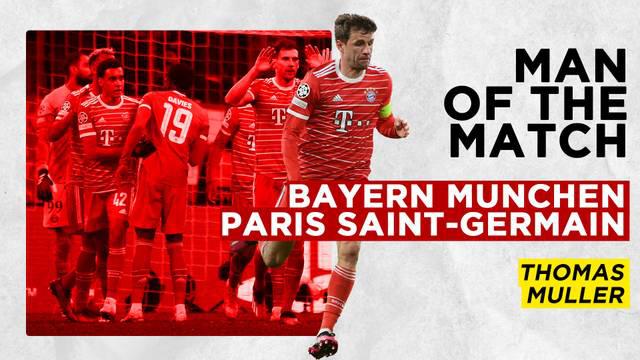 Berita Motion grafis catatan apik Thomas Muller, pemain terbaik di laga Bayern Munchen vs PSG dalam babak 16 besar leg kedua Liga Champions 2022/2023.