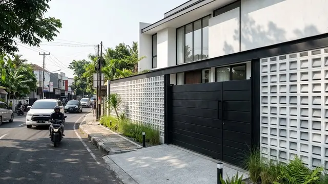 Pagar Roster Monokrom dengan Rangka Besi Hitam