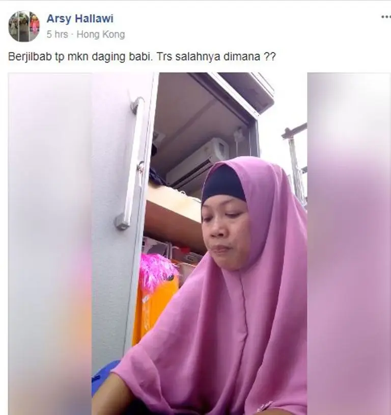Netizen geram lihat video viral wanita berhijab makan daging babi. (Foto: Facebook)