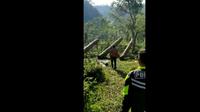 Beberapa anggota Polres Tasikmalaya, langsung membubarkan perang meriam tradisonal dari pohon aren yang kerap digelar setelah Lebaran Idul Fitri. (Liputan6.com/Jayadi Supriadin)