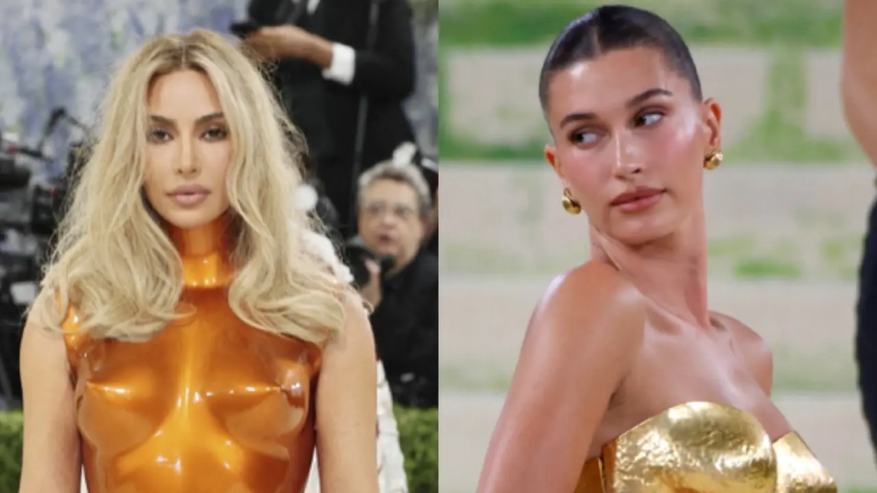 Kim Kardashian dan Hailey Bieber Tampil Senada di Met Gala 2026. Photo by MIKE COPPOLA / GETTY IMAGES NORTH AMERICA / GETTY IMAGES VIA AFP/Photo by LEONARDO MUNOZ / AFP
