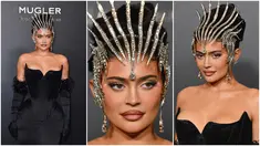 Foto kolase saat Kylie Jenner tiba pada pembukaan pameran Thierry Mugler: Couturissime di Brooklyn Museum, Brooklyn, New York City, Amerika Serikat, 15 November 2022. (ANGELA WEISS/AFP)