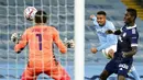 Pemain Manchester City Gabriel Jesus (tengah) mencetak gol ke gawang Olympiacos pada pertandingan Grup C Liga Champions di Etihad Stadium di Manchester, Inggris, Selasa (3/11/2020). Manchester City mencukur Olympiacos dengan skor 3-0. (AP Photo/Dave Thompson)