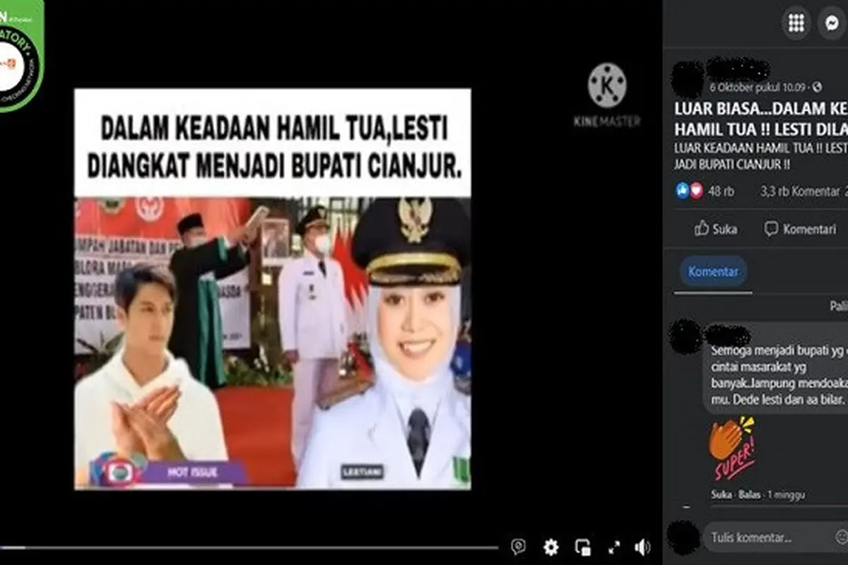 Gambar Tangkapan Layar Kabar Hoaks Lesti Kejora Dilantik Jadi Bupati Cianjur (sumber: Facebook).