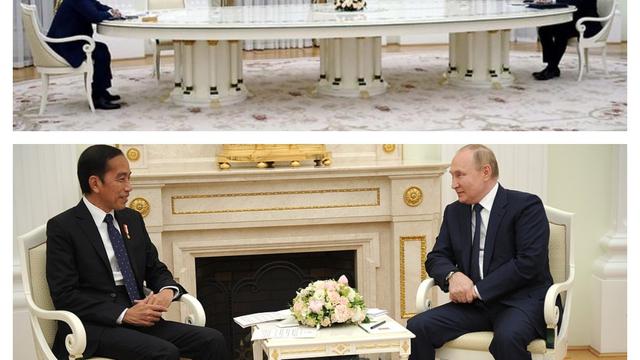 Perbandingan saat pertemuan Vladimir Putin dengan Presiden Prancis Emmanuel Macron dan Presiden Indonesia Joko Widodo. (Sputnik/AFP/Kremlin/Fotoram.io)