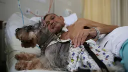 Pasien bernama Nivaldo Lopes (60) duduk bersama anjing peliharaan bernama Paola di tempat tidurnya di Rumah Sakit Dukungan Brazil.(24/11/2016). Terapi yang diadakan setiap minggu ditujukan bagi pasien dengan penyakit kronis. (AP Photo / Eraldo Peres)