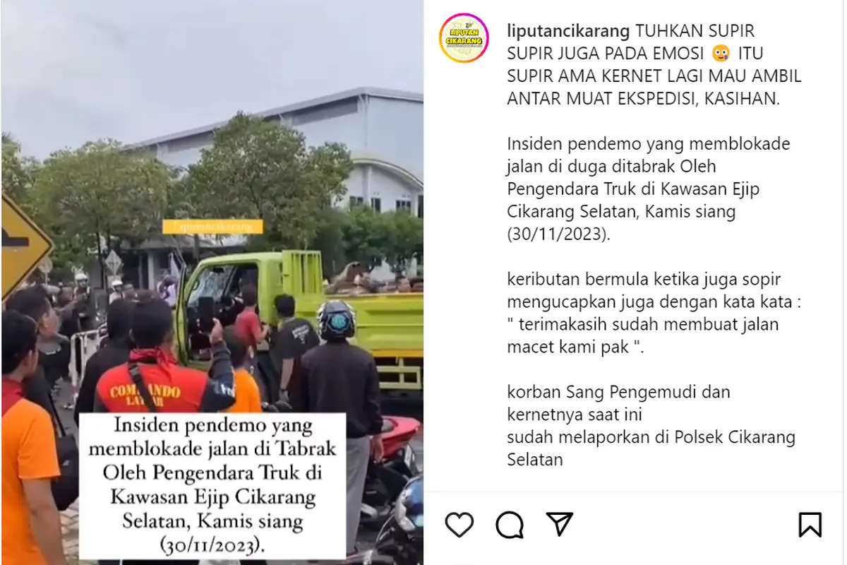 Seorang sopir truk menjadi diamuk massa buruh yang sedang berujuk rasa di Kawasan EJIP Cikarang, pada Kamis (30/11/2023).