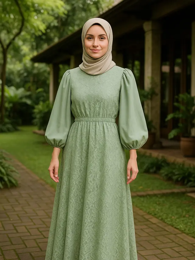 Model Gamis Brokat Full Dress Kombinasi Outer Polos Untuk Usia 25–50 Tahun