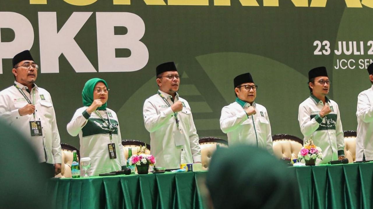 Ketua Umum Partai Kebangkitan Bangsa (PKB) Muhaimin Iskandar atau Cak Imin membuka acara pembukaan musyawarah kerja nasional (Mukernas) dalam rangka perayaan hari lahir (Harlah) PKB ke-26 di Jakarta Convention Center (JCC), Senayan, Jakarta. Foto: Liputa