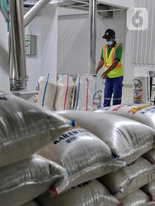 Pekerja mengemas beras yang diolah secara modern dengan mesin Modern Rice Milling Plant (MRMP) di Karawang, Jawa Barat, Rabu (21/9/2022). Infrastruktur MRMP ini bertujuan untuk membantu petani dan menyederhanakan alur proses pengolahan beras yang terpusat dalam fasilitas pengolahan gabah hasil panen berbasis teknologi modern. (Liputan6.com/Angga Yuniar)