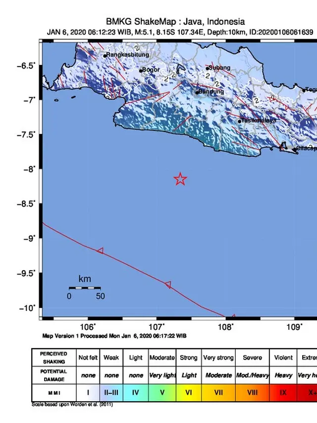 Gempa tektonik berkekauatan 5,1 yang dimutakhirkan menjadi 5,0 mengguncang wilayah Garut, Jawa Barat.