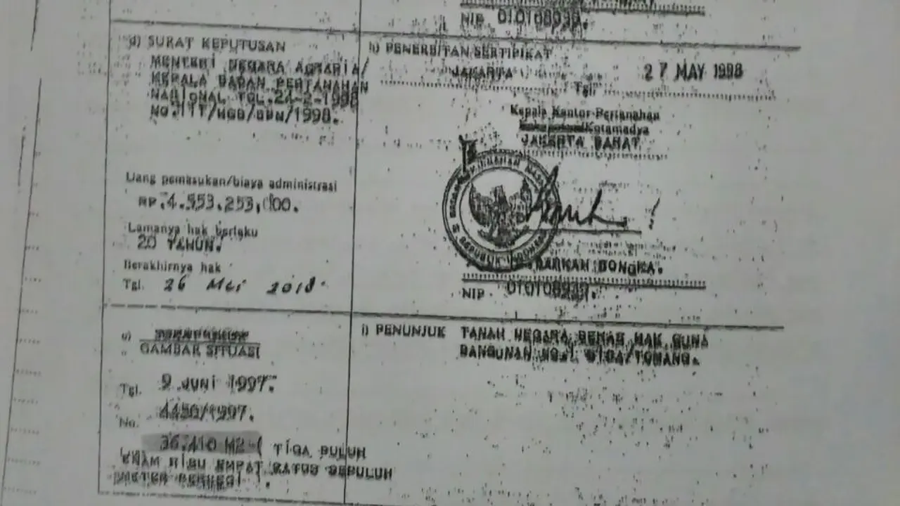 Sertifikat tanah RS Sumber Waras