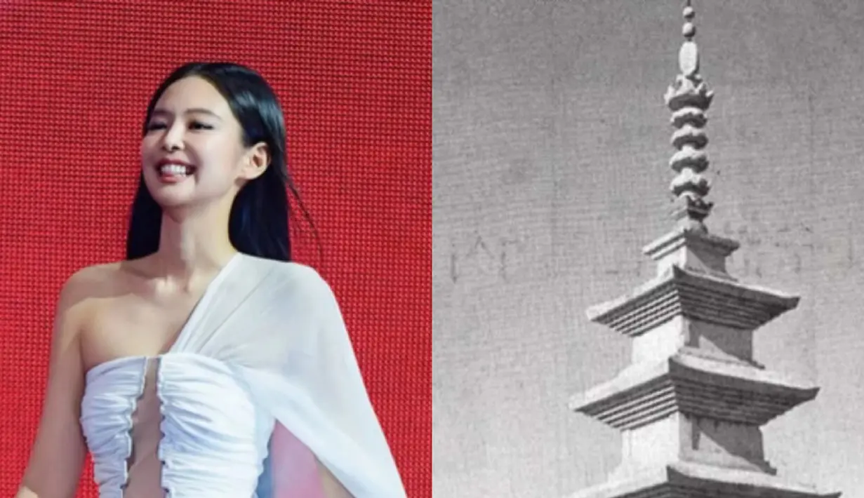 Saat menerima penghargaan, Jennie mengenakan mini dress putih terinspirasi oleh keseimbangan arsitektur Pagoda Seokgatap di Bulguksa, gaun ini menampilkan potongan-potongan yang menggemakan siluet ikoniknya. Seokgatap, Harta Nasional Korea yang selesai dibangun sekitar tahun 751 pada masa Dinasti Silla, ditafsirkan ulang melalui proporsi yang terkendali dan harmoni struktural. [@leje.official]