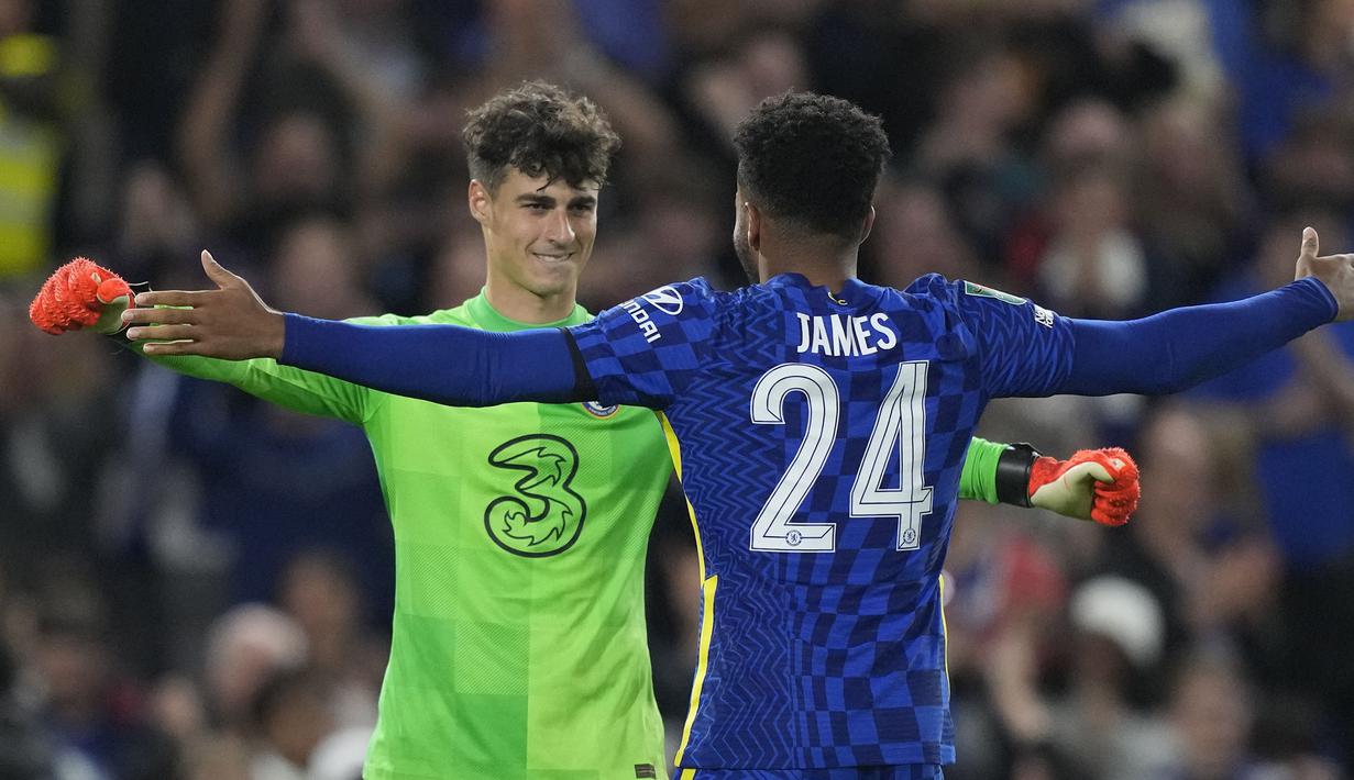 Pada babak penalti, Chelsea sukses mengalahkan Aston Villa dengan skor 4-3. Ben Chilwell menjadi satu-satunya penendang Chelsea yang gagal mengeksekusi bola. (AP/Frank Augstein)