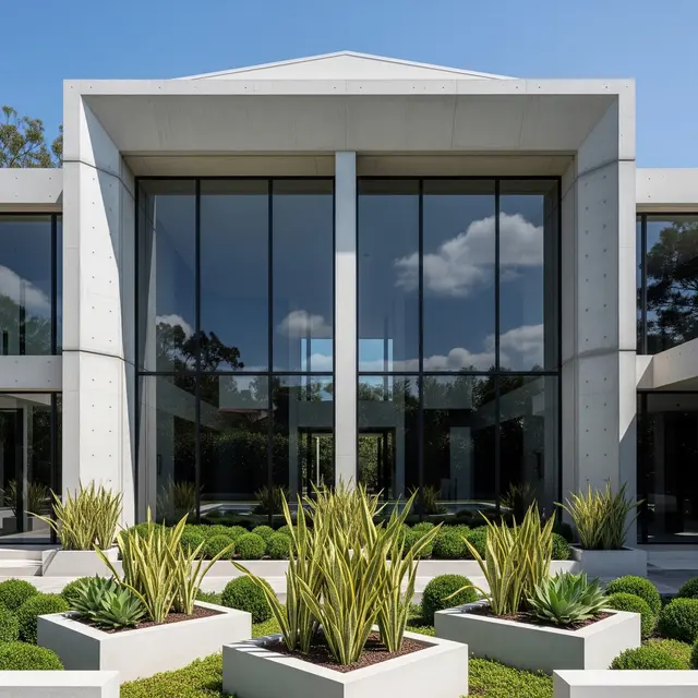 Fasad Modern dari Perpaduan Beton, Kaca, dan Kayu (AI Generated)