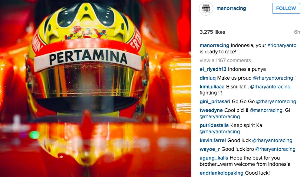 Inilah postingan terakhir Manor Racing setelah tes pramusim Barcelona usai, foto Rio Haryanto ini mendapat likes 3,275. (Bola.com/Manorracing/Instagram)