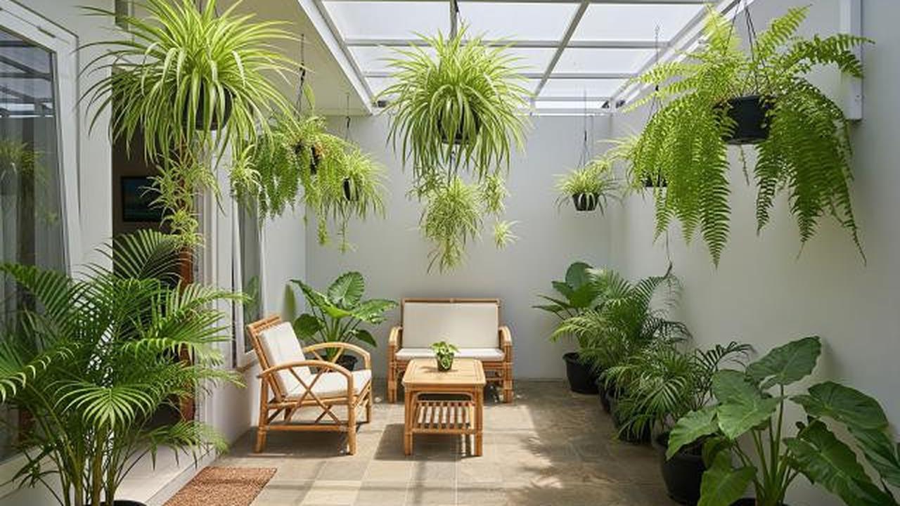 Teras Atap Kanopi Transparan dengan Tanaman Gantung/Desain Rumah Kecil tapi Punya Teras Lega yang Cozy untuk Santai (Sumber: gemini.com)
