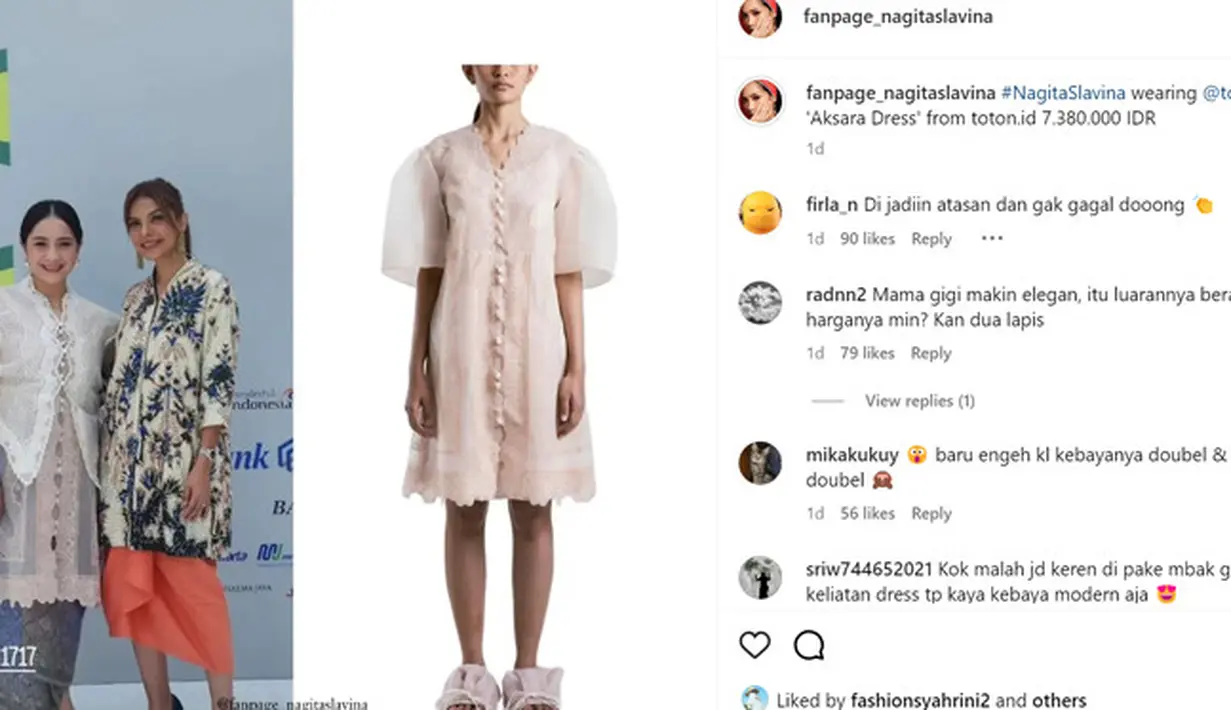 Tidak hanya dress yang dikenakan yang mencuri  perhatian yang bila ditotal mencapai Rp 10,7 juta, tapi juga tas mungil warna senada dengan dress yang dikenakan. [Dream/dok.Instagram/@fanpage_nagitaslavina]