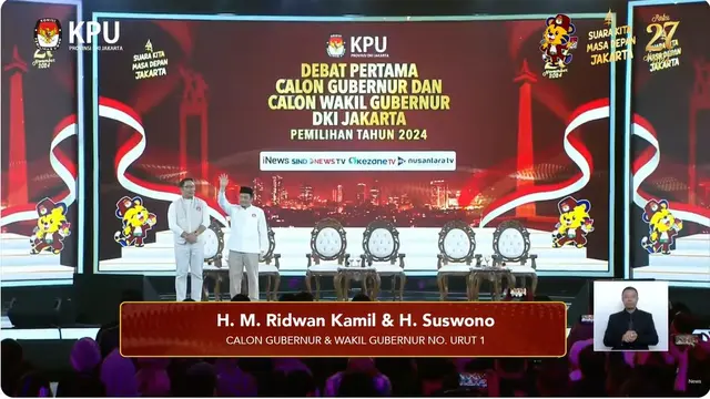 Paslon Pilkada Jakarta 2024 nomor urut 1 Ridwan Kamil-Suswono dalam debat perdana Pilkada Jakarta 2024, Minggu (6/10/2024) di JIExpo Kemayoran, Jakarta Pusat.