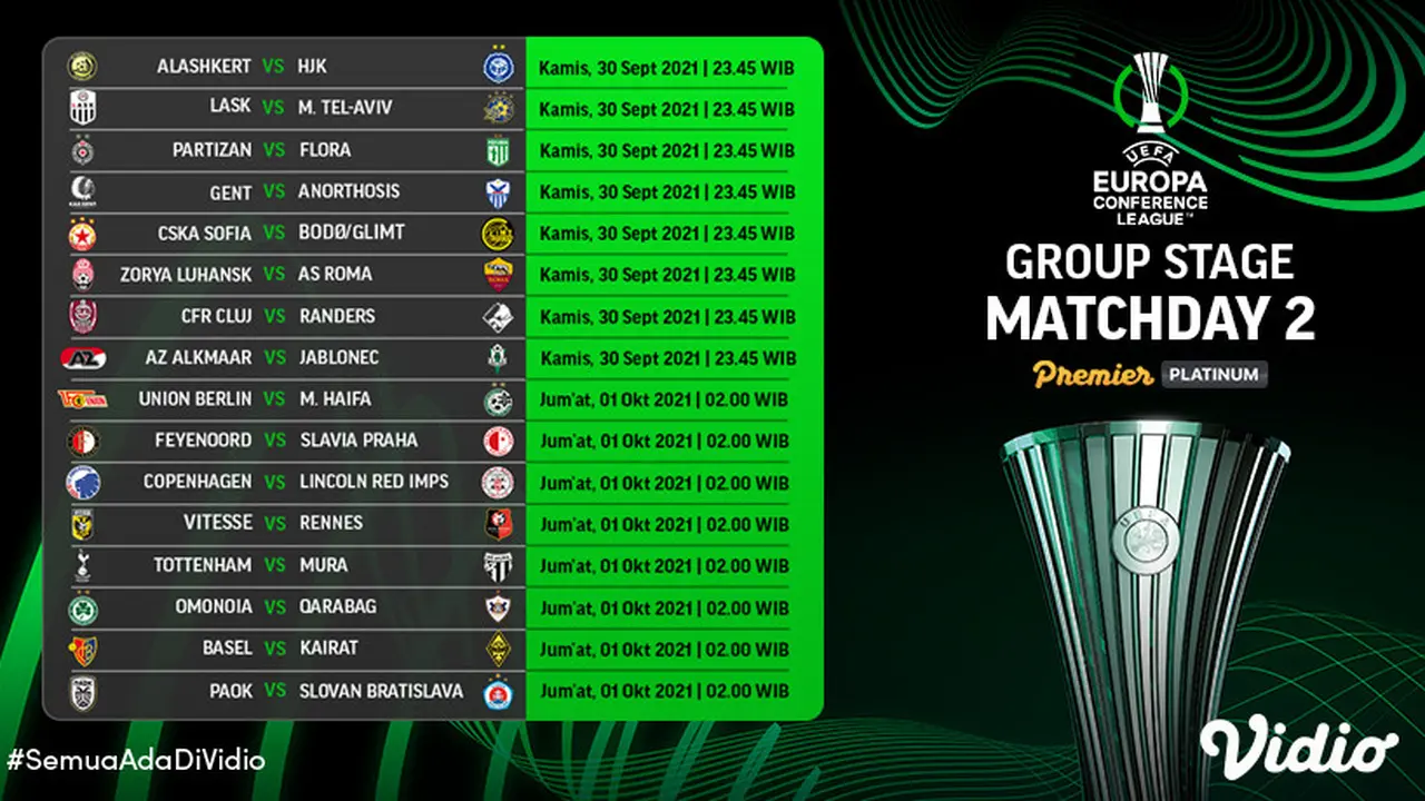 Jadwal dan Live Streaming Liga Konferensi Eropa 2021/2022 Matchday 2 di Vidio