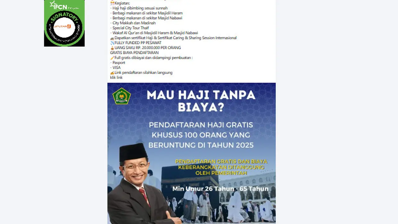 Tangkapan layar  klaim pendaftaran haji gratis dapat uang saku Rp 20 juta