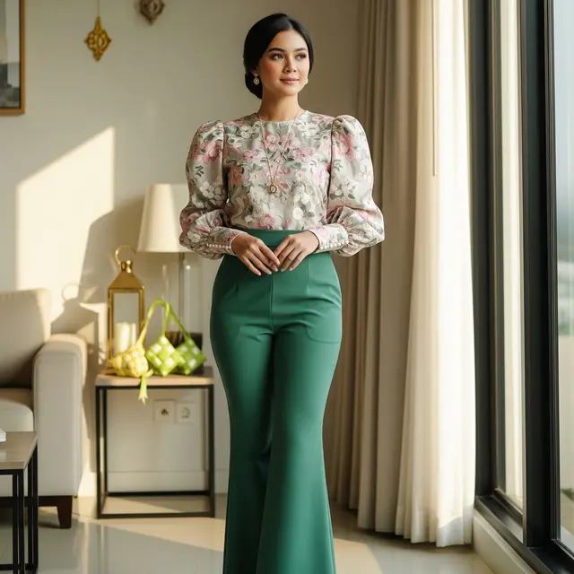 Trend Baju Set Motif Floral dan Celana Polos untuk Lebaran (Gemini AI)