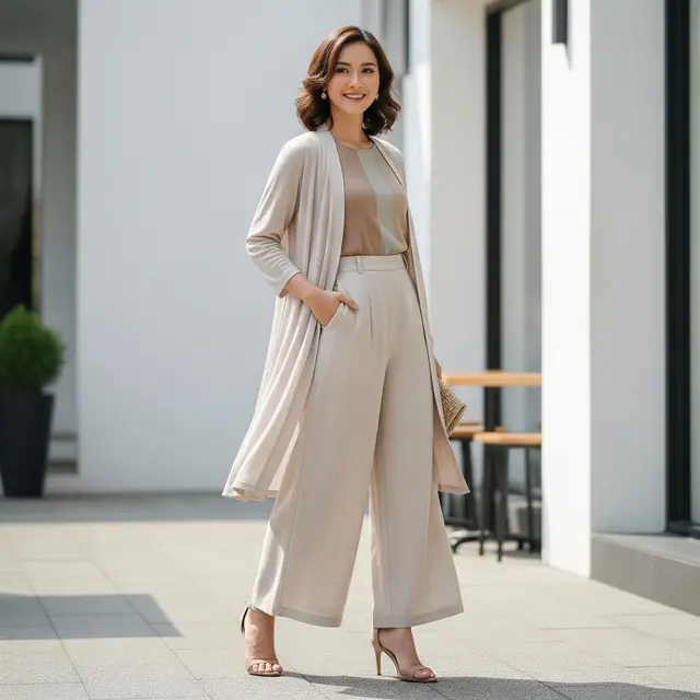 Model Outerwear Kardigan dengan Inner dan Celana Palazzo