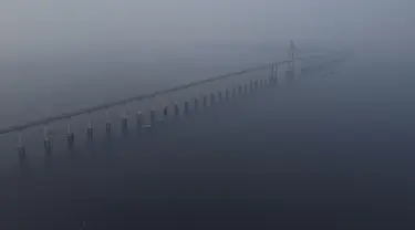 Asap kebakaran hutan memenuhi udara di sepanjang jembatan Jornalista Phelippe Daou di atas Sungai Negro di Manaus, negara bagian Amazonas, Brasil, Selasa (27/8/2024). (AP Photo/Edmar Barros)