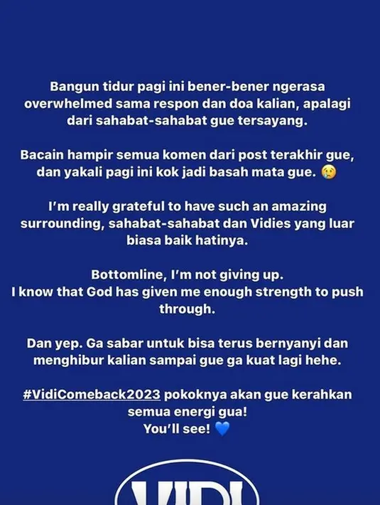 Karena penyebaran tersebut, Vidi lantas rutin mengunjungi rumah sakit setiap tiga minggu sekali. Meski demikian, Vidi mengaku sudah berdamai dengan keadaan dan bersyukur atas semuanya. [Instagram/vidialdiano]