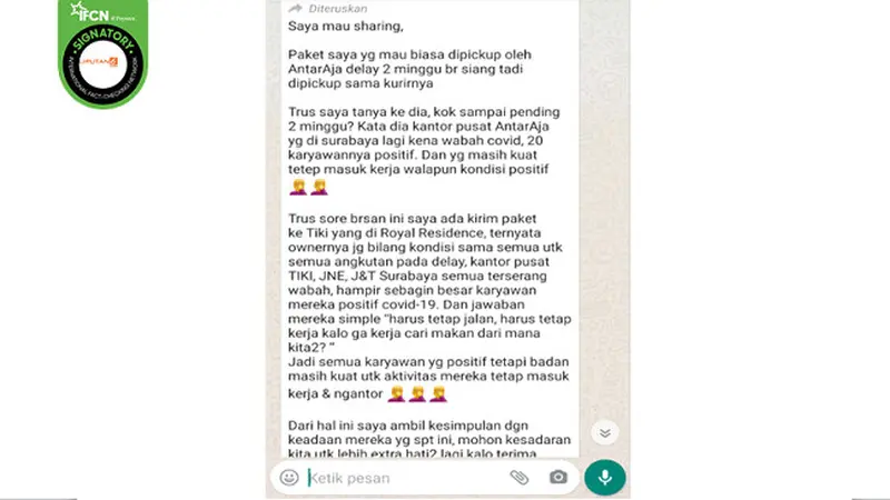 Gambar Tangkapan Layar Pesan Berantai Berisi Kabar Kurir Tetap Bekerja Meski Terpapar Covid-19 (sumber: WhatsApp).