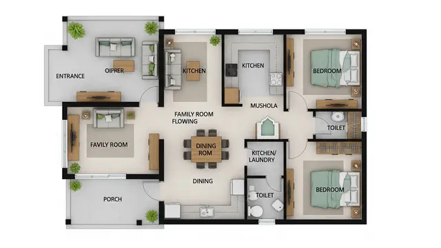 Denah Rumah di Desa 6x10 dengan 2 Kamar Tidur